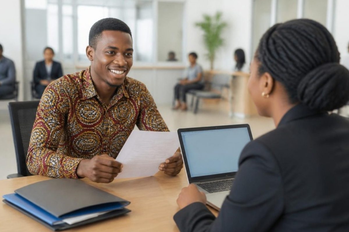 Un jeune chercheur d’emploi échange avec une conseillère de l’ANPE autour de son CV